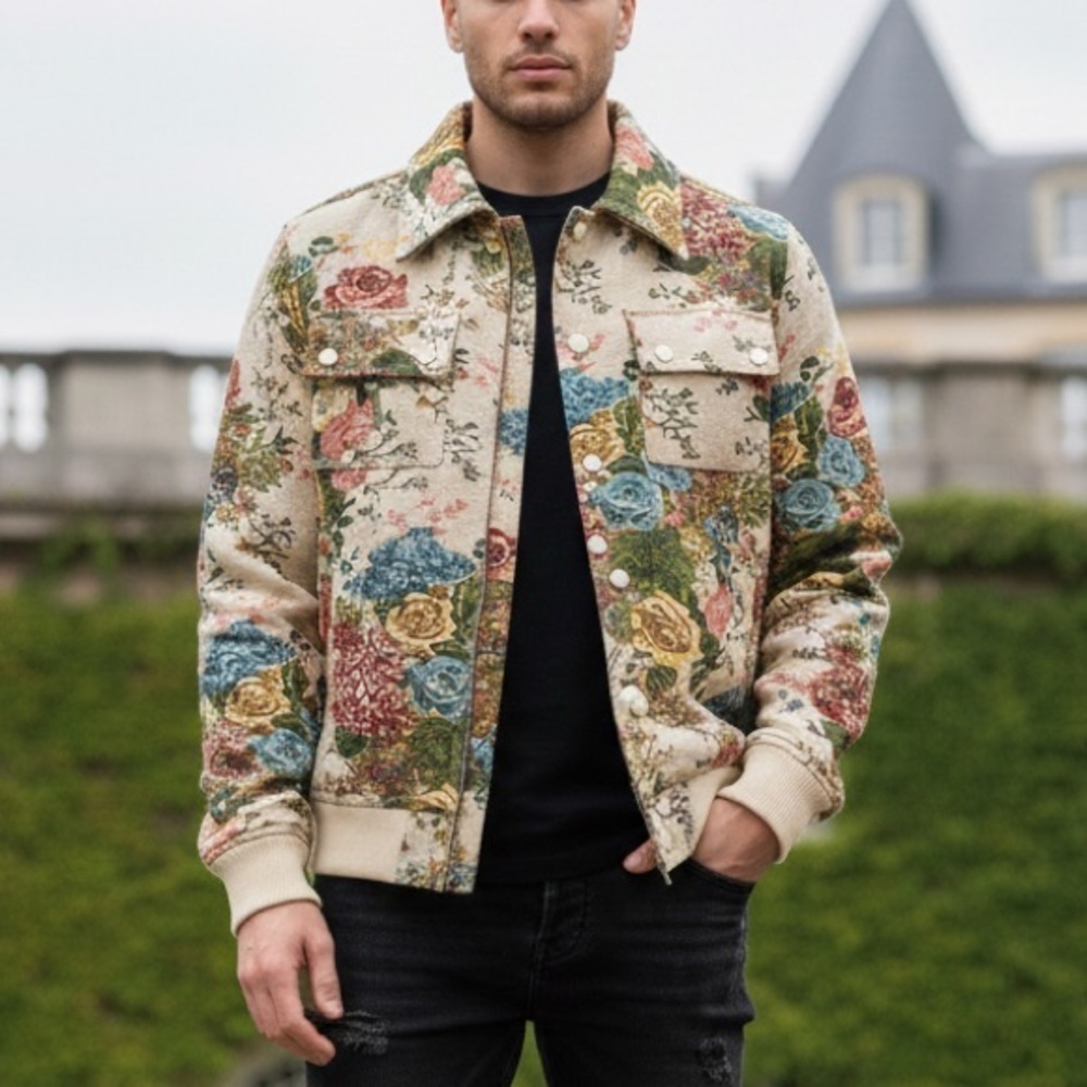 Majestik Men's Bomber Jacket Floral Jacquard Tapestry Pattern Size S